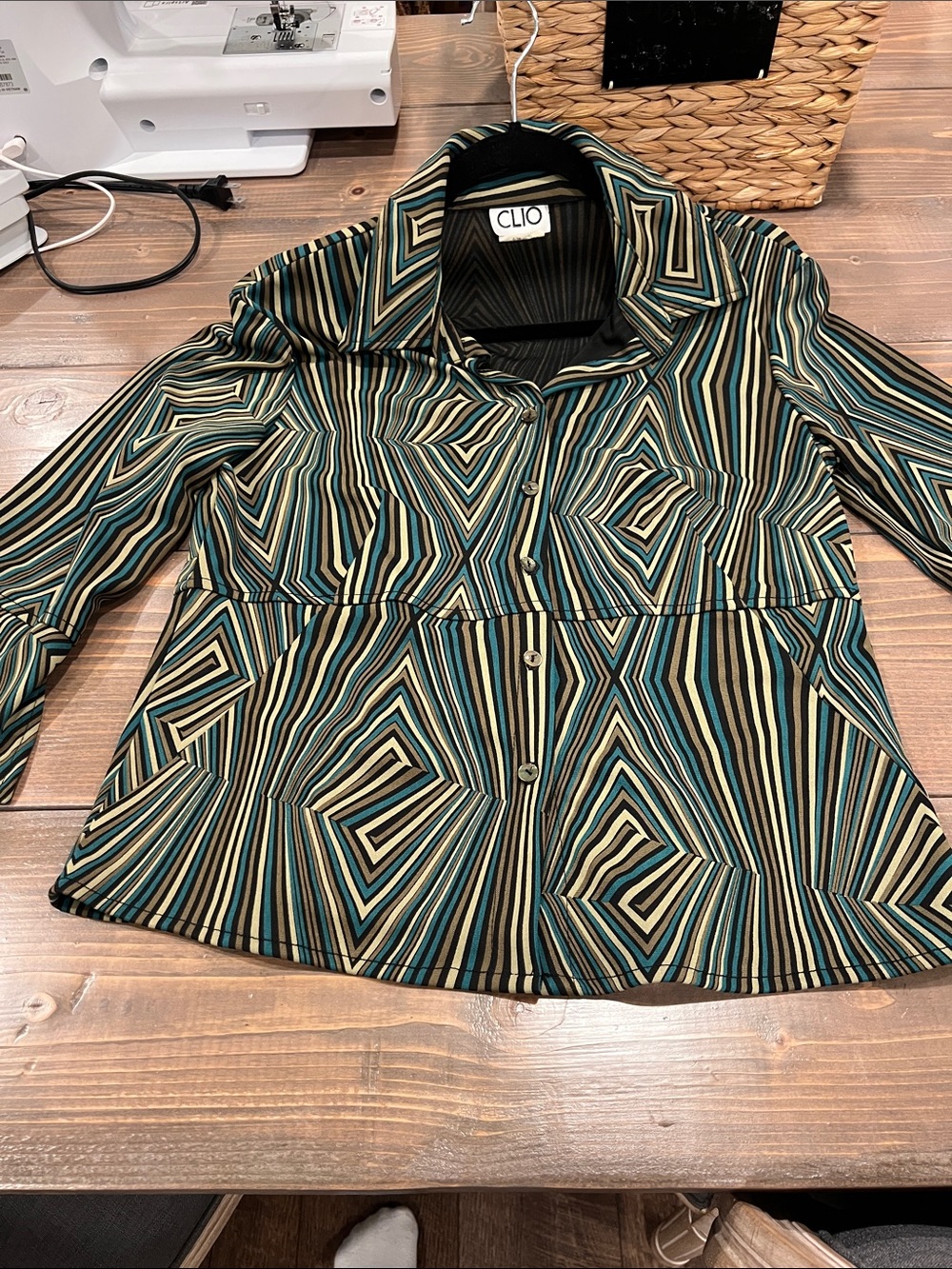 Clio Geometric Stripe Button-Up Jacket in Green, Black & Cream